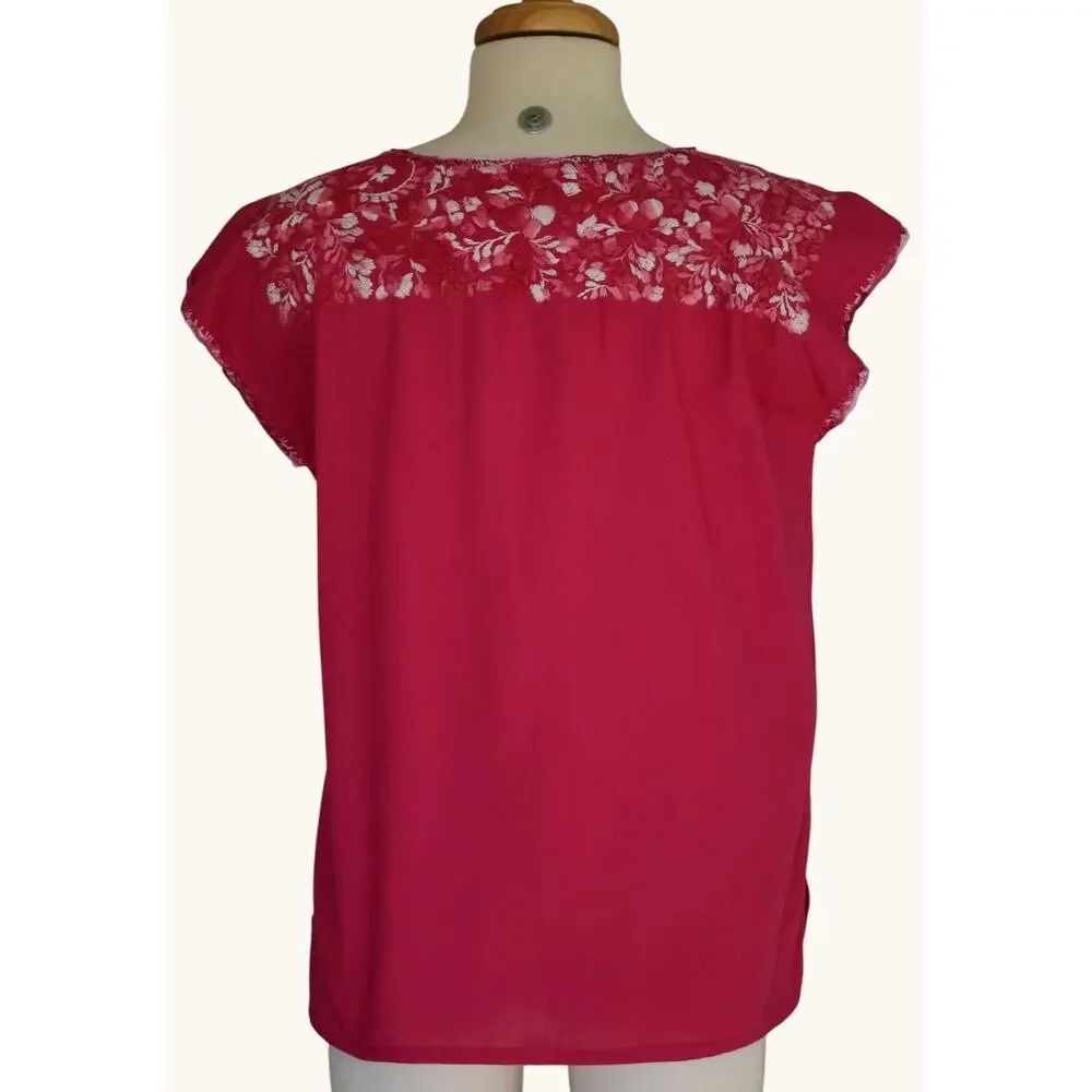 Vintage 70s Hand Embroidered Mexican Blouse, Pink Cotton, Size M Medium